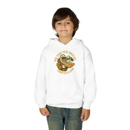 Youth wearing white Tom Yeti Official Vitales Pizza heavy blend hoodie with kangaroo pocket and whimsical pizza design