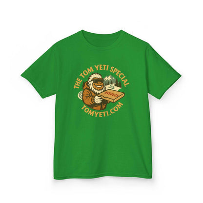 Green kids heavy cotton t-shirt with Tom Yeti Vitales logo and pizza graphic