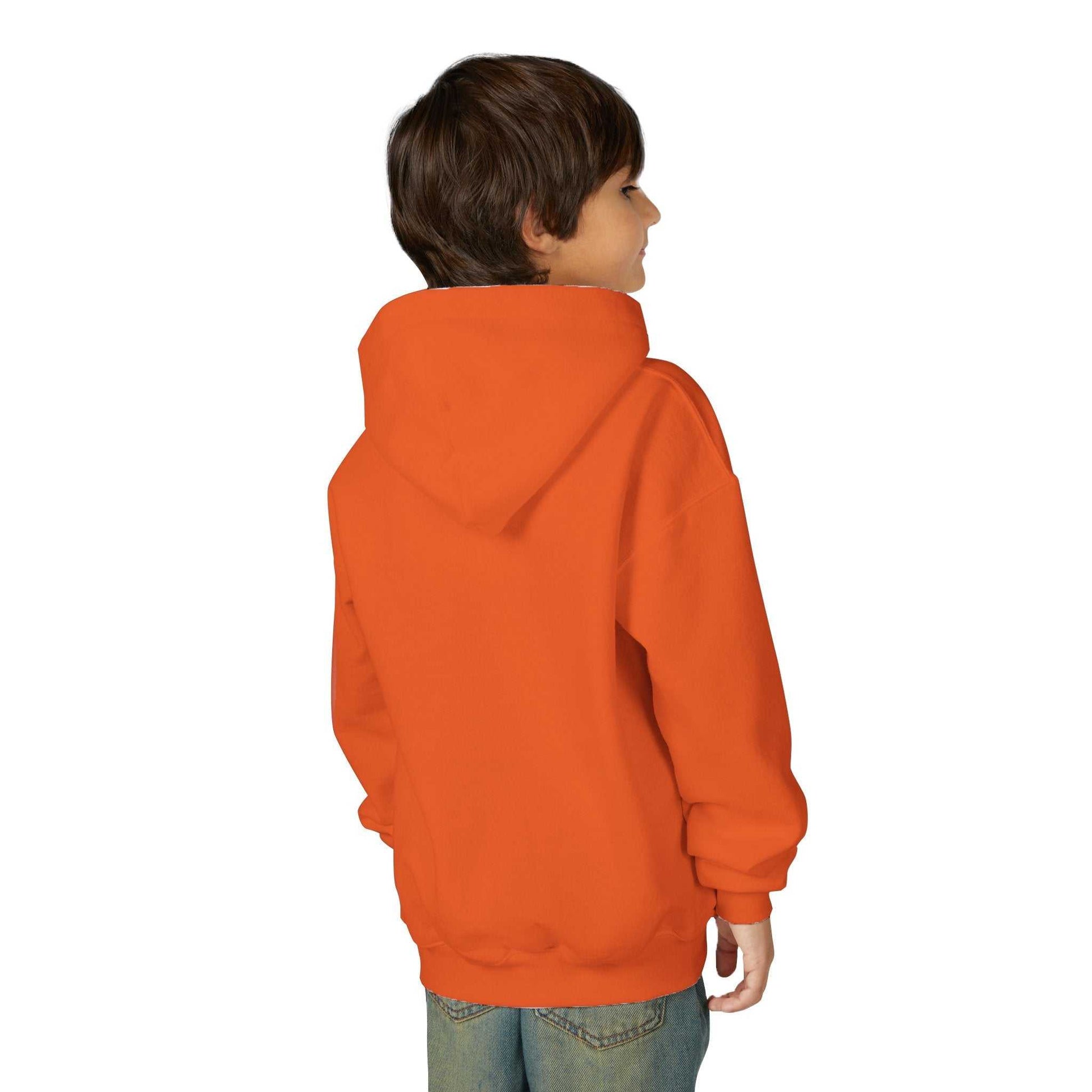 Boy wearing orange Tom Yeti Official Vitales Pizza Youth Heavy Blend Hoodie back view