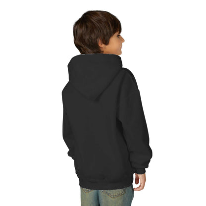 Boy wearing black Tom Yeti Official Vitales Pizza Youth Heavy Blend Hoodie viewed from the back