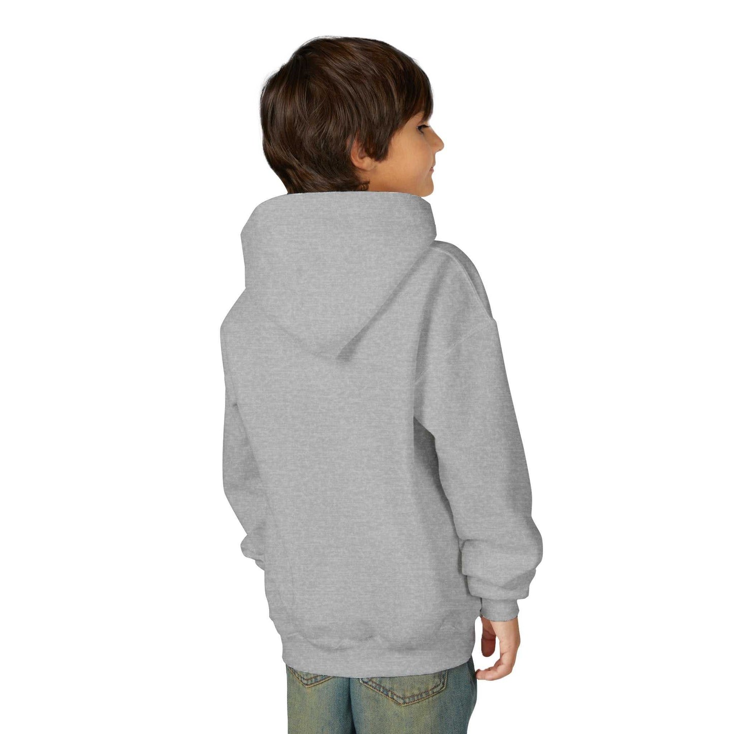 Tom Yeti youth gray hoodie back view with hood up and kangaroo pocket