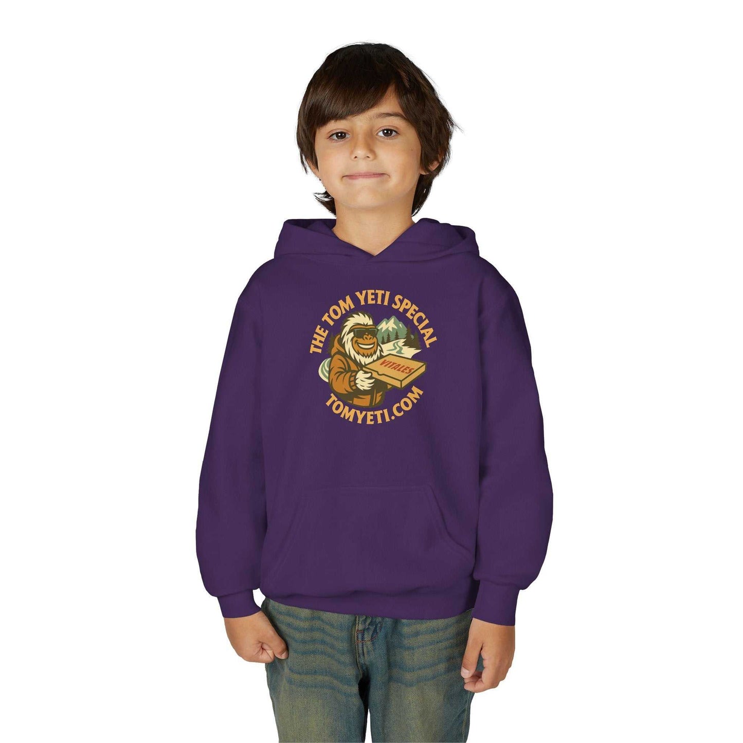 Tom Yeti youth purple hoodie with pizza logo and kangaroo pocket