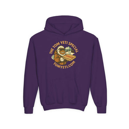 Tom Yeti youth purple hoodie with pizza graphic and kangaroo pocket heavy blend sweatshirt