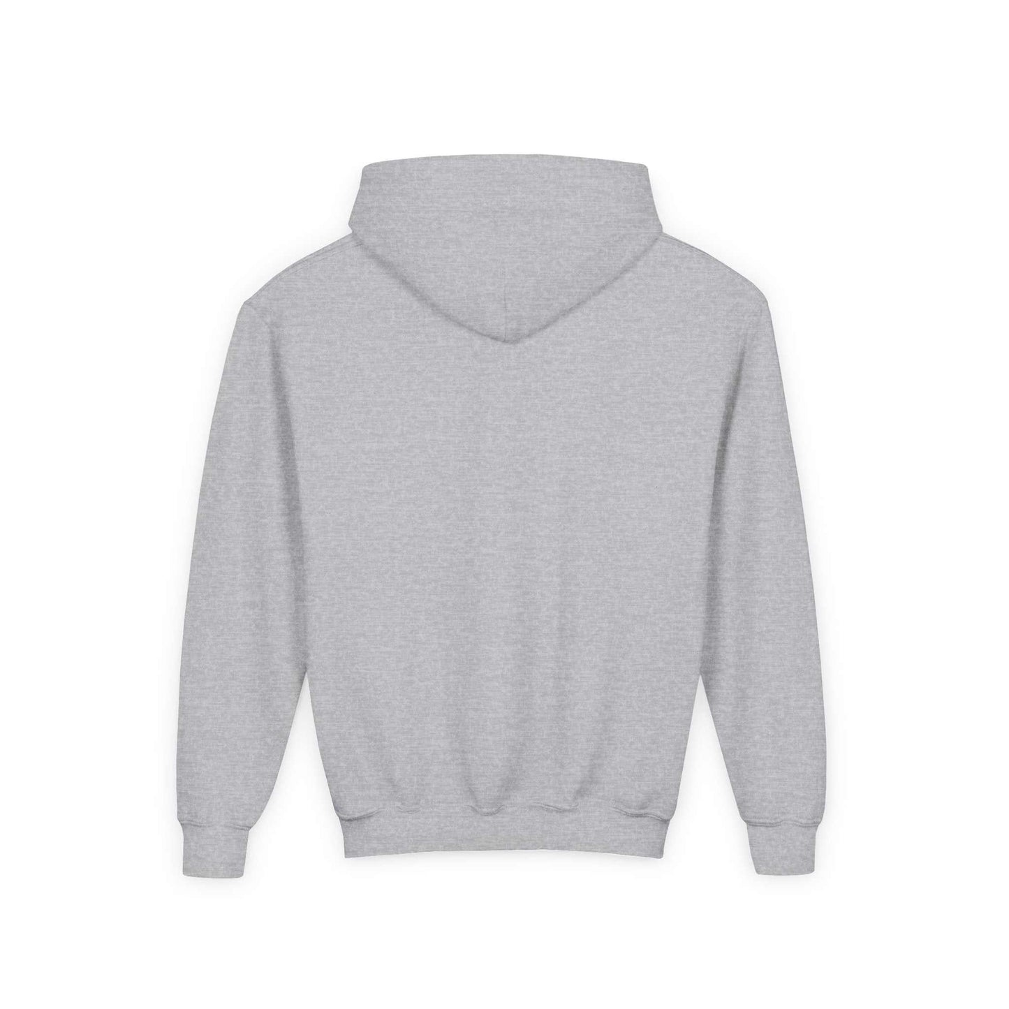 Tom Yeti gray youth heavy blend hoodie back view with kangaroo pocket and hood
