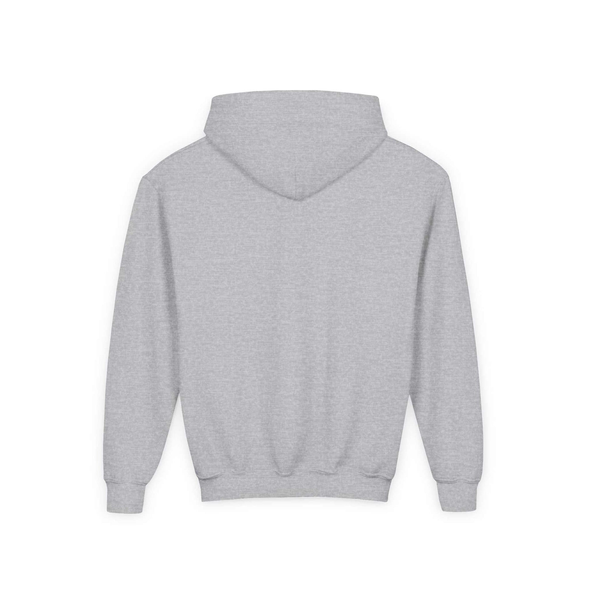 Tom Yeti gray youth heavy blend hoodie back view with kangaroo pocket and hood