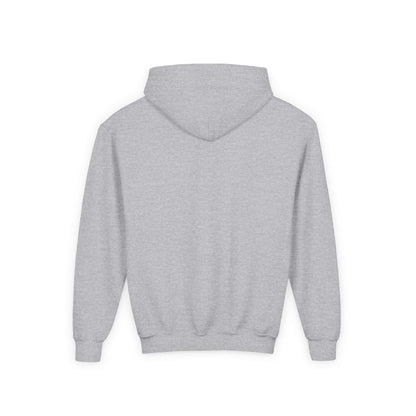 Tom Yeti gray youth heavy blend hoodie back view with kangaroo pocket and hood