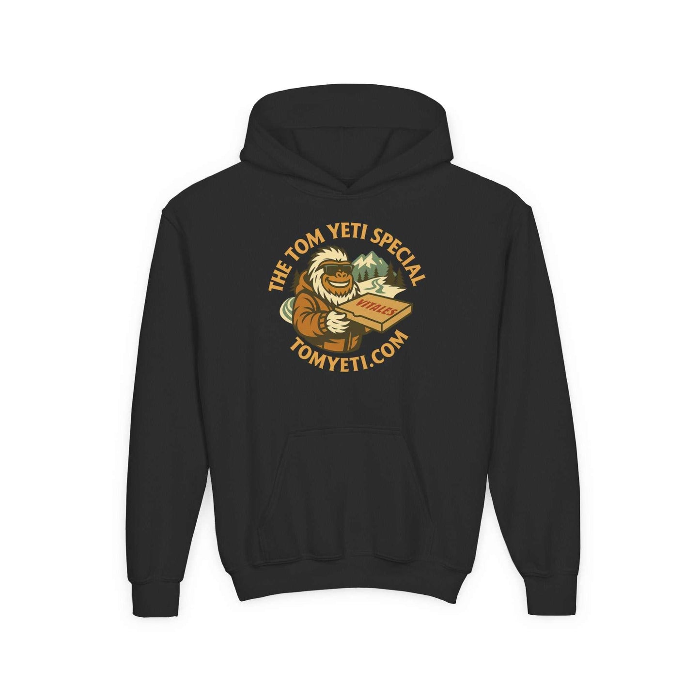 Black Tom Yeti Official Vitales Pizza Youth Heavy Blend Hoodie with kangaroo pocket and whimsical pizza graphic design