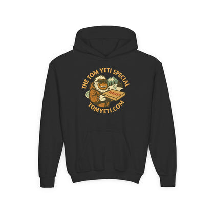 Black Tom Yeti Official Vitales Pizza Youth Heavy Blend Hoodie with kangaroo pocket and whimsical pizza graphic design