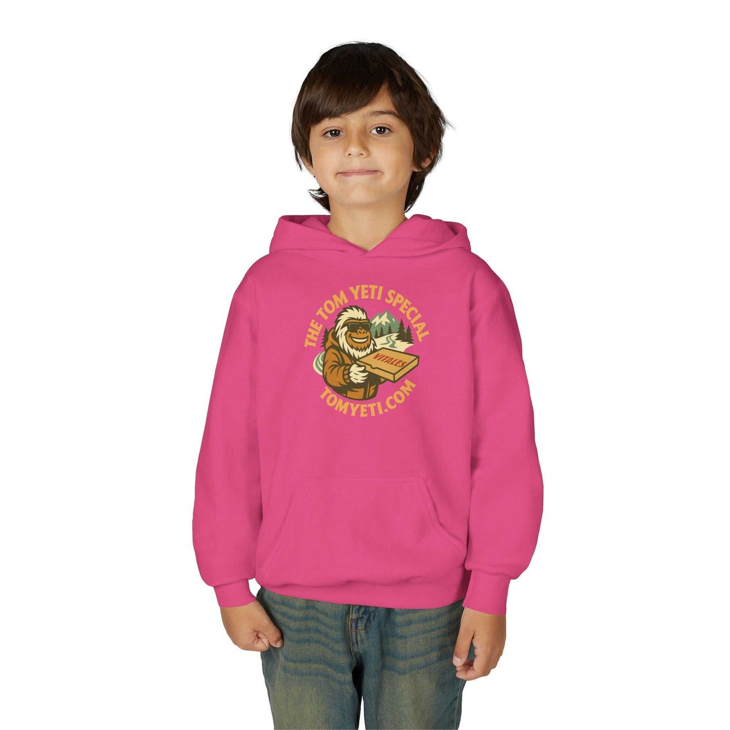 Child wearing pink Tom Yeti Official Vitales Pizza Youth Heavy Blend Hoodie with kangaroo pocket and graphic print