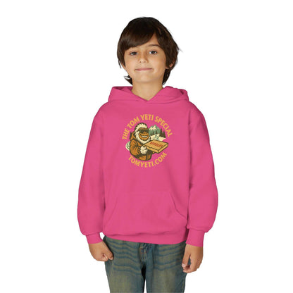 Child wearing pink Tom Yeti Official Vitales Pizza Youth Heavy Blend Hoodie with kangaroo pocket and graphic print