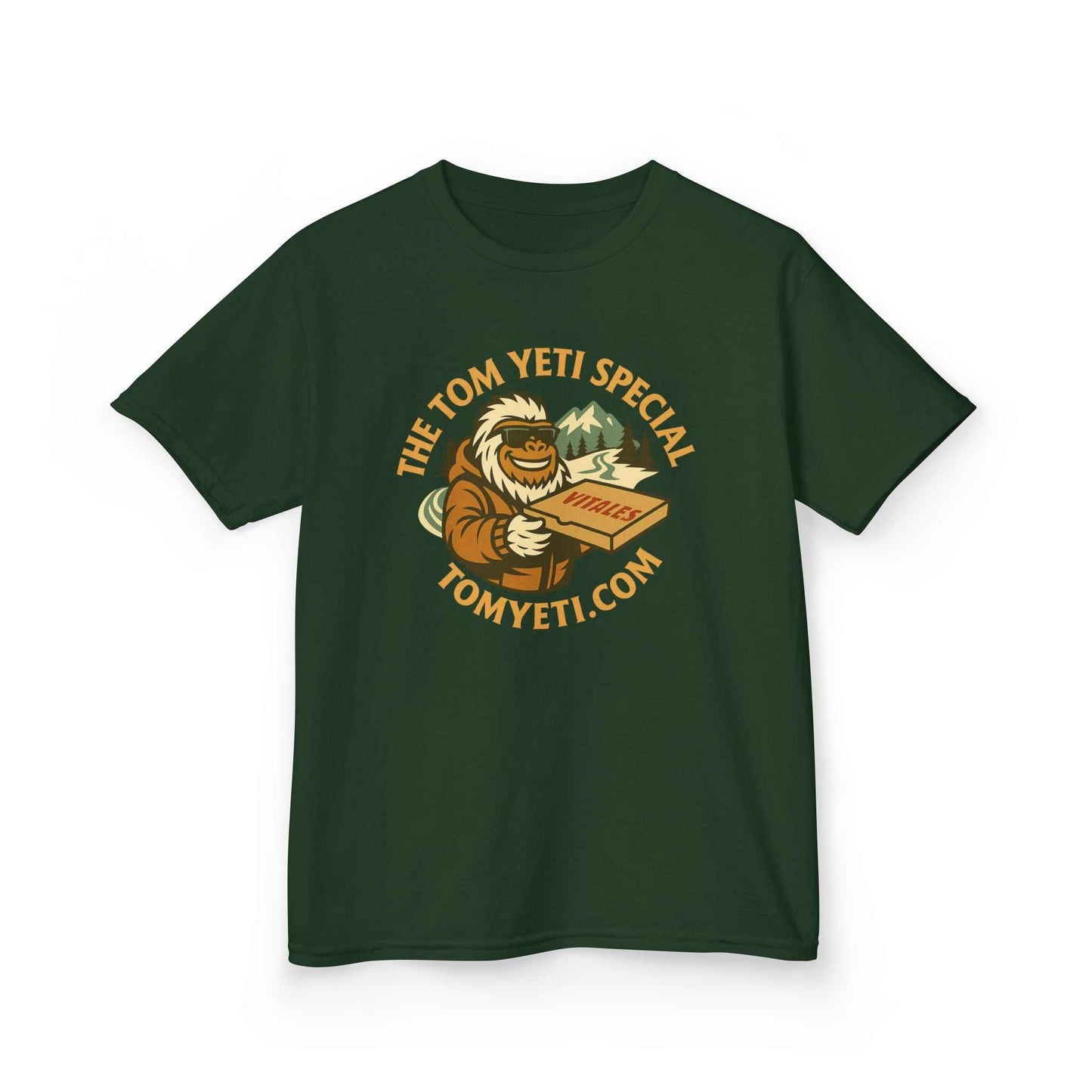 Tom Yeti Official Vitales kids heavy cotton green t-shirt with cartoon yeti holding a box logo