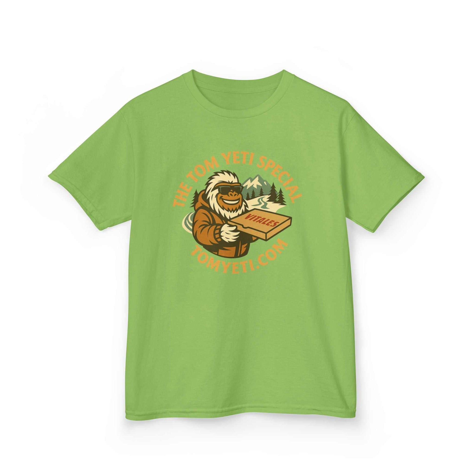 Tom Yeti Official Vitales kids green cotton t-shirt with yeti graphic and pizza box design