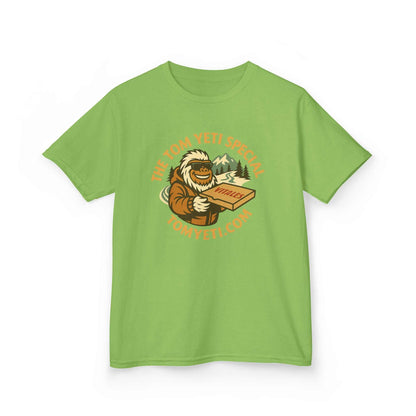 Tom Yeti Official Vitales kids green cotton t-shirt with yeti graphic and pizza box design