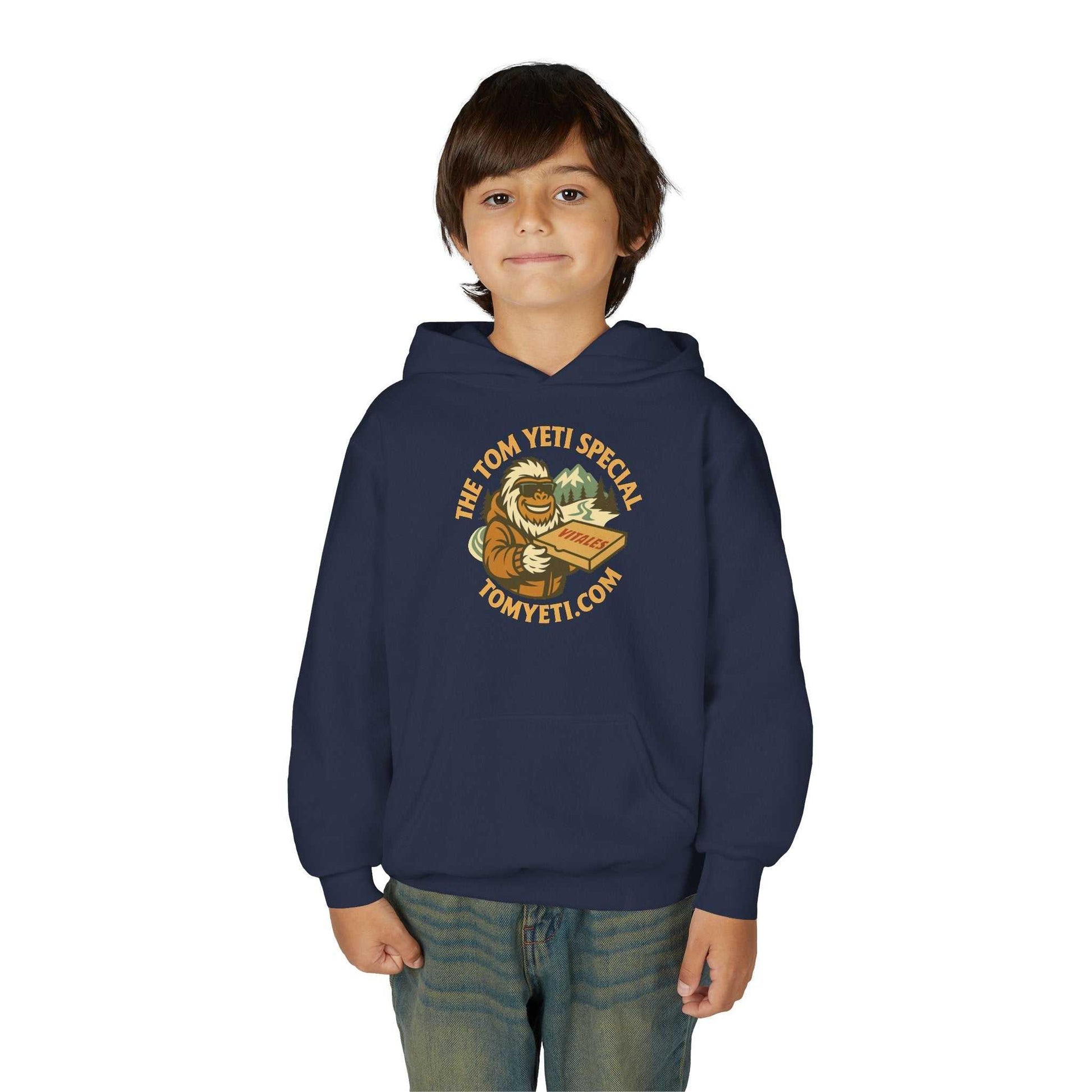 Child wearing navy Tom Yeti Official Vitales Pizza Youth Heavy Blend Hoodie with kangaroo pocket and pizza graphic