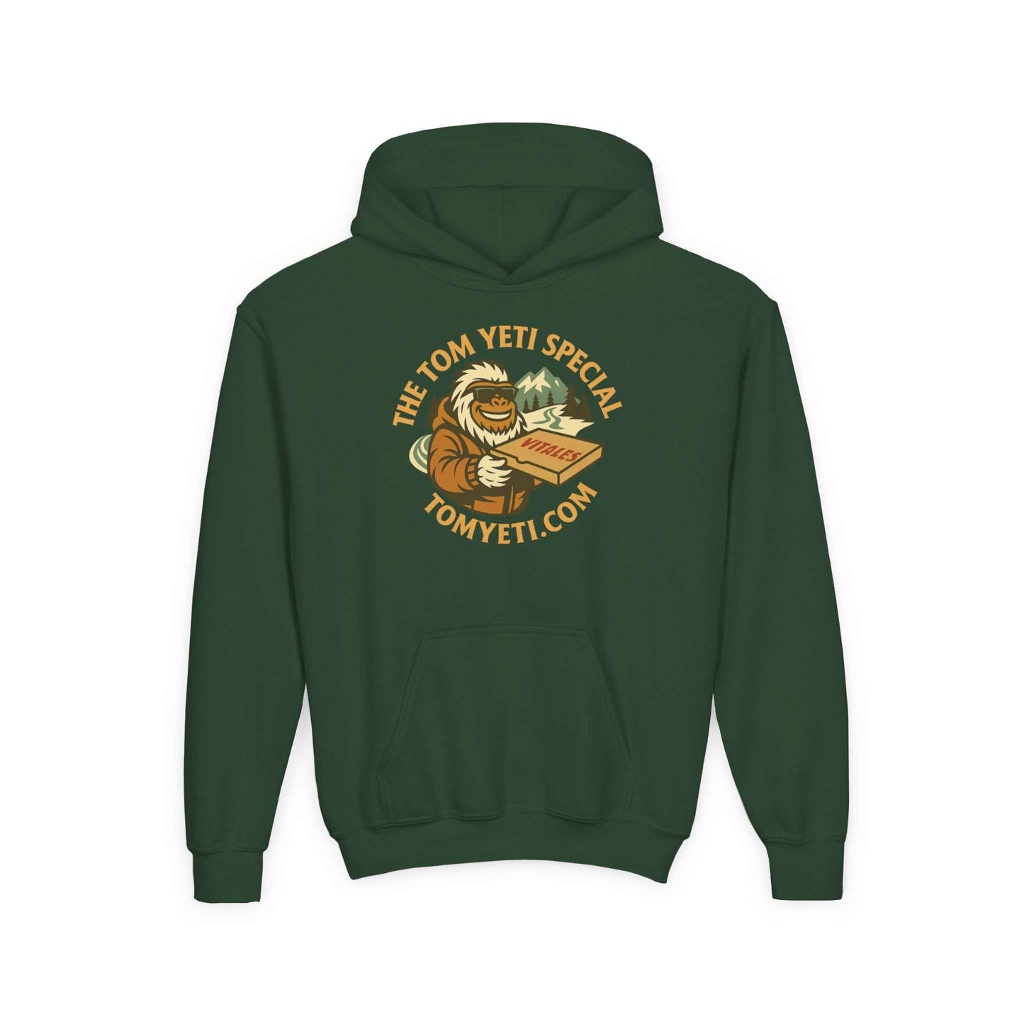 Tom Yeti youth heavy blend hoodie with pizza graphic and kangaroo pocket in green