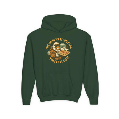 Tom Yeti youth heavy blend hoodie with pizza graphic and kangaroo pocket in green