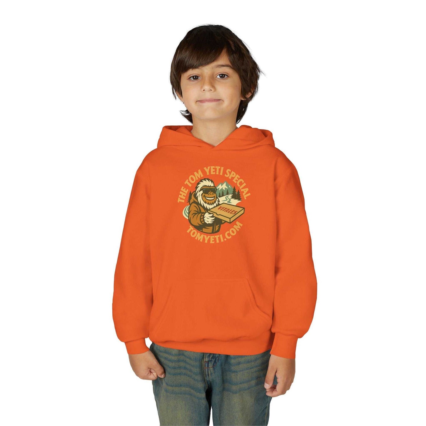 Youth wearing orange Tom Yeti Official Vitales Pizza heavy blend hoodie with kangaroo pocket and pizza graphic