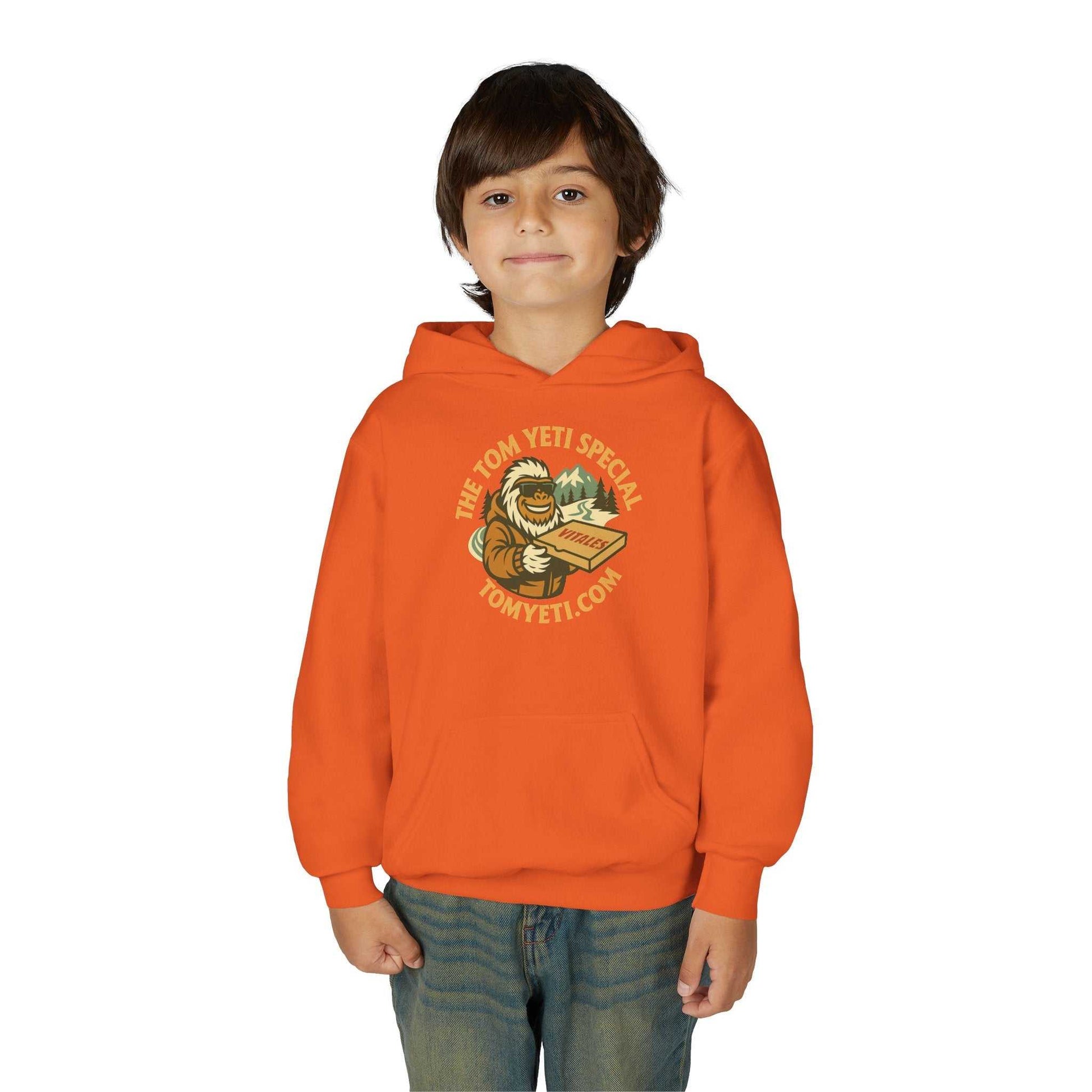 Youth wearing orange Tom Yeti Official Vitales Pizza heavy blend hoodie with kangaroo pocket and pizza graphic