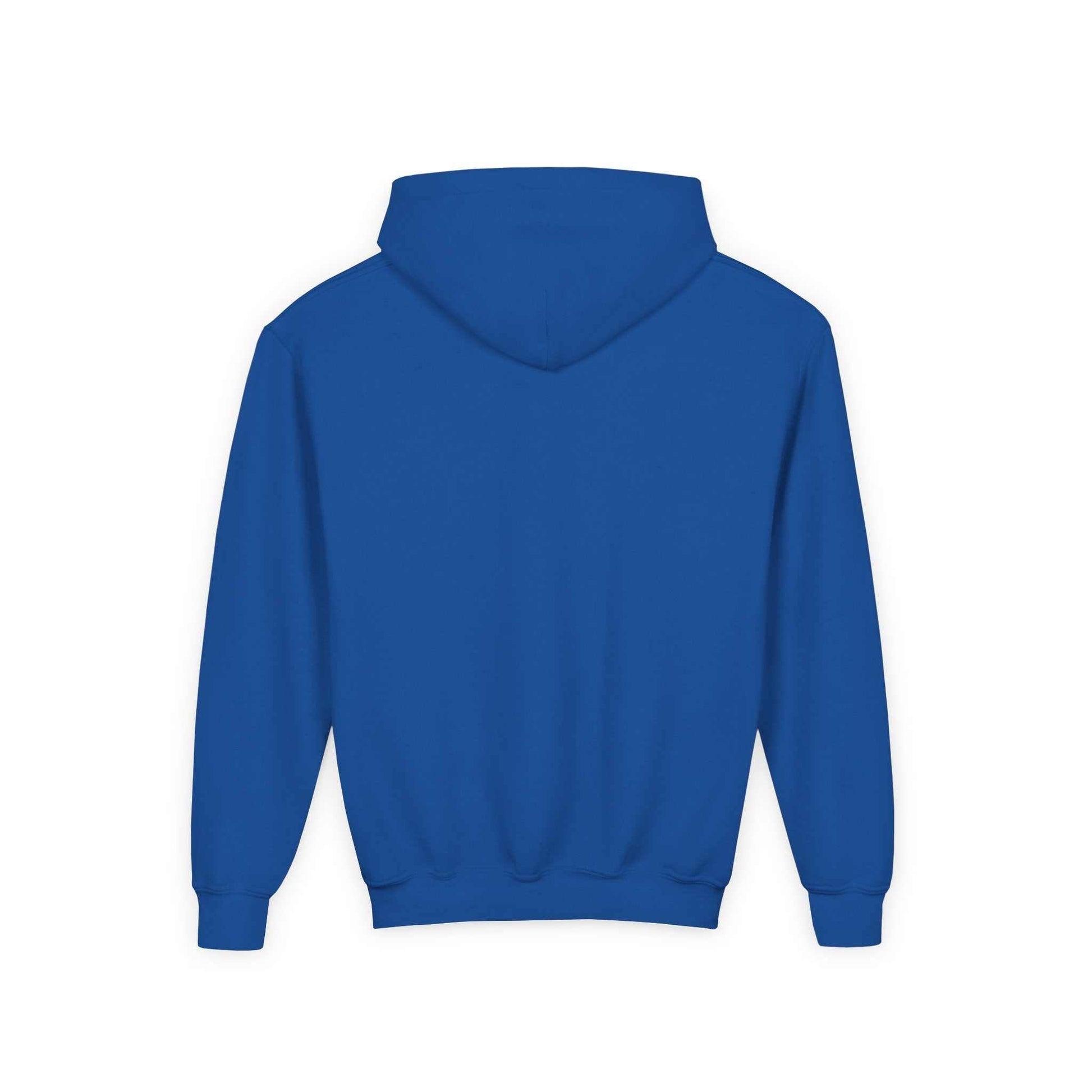 Tom Yeti youth heavy blend hoodie in blue with hood and kangaroo pocket back view