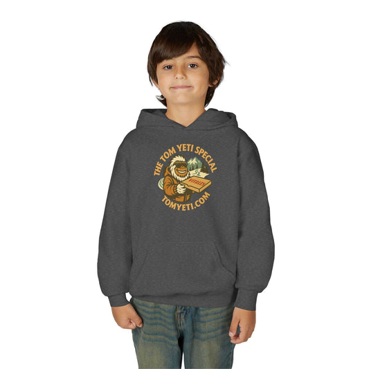 Youth wearing gray Tom Yeti Official Vitales Pizza hoodie with kangaroo pocket and graphic design