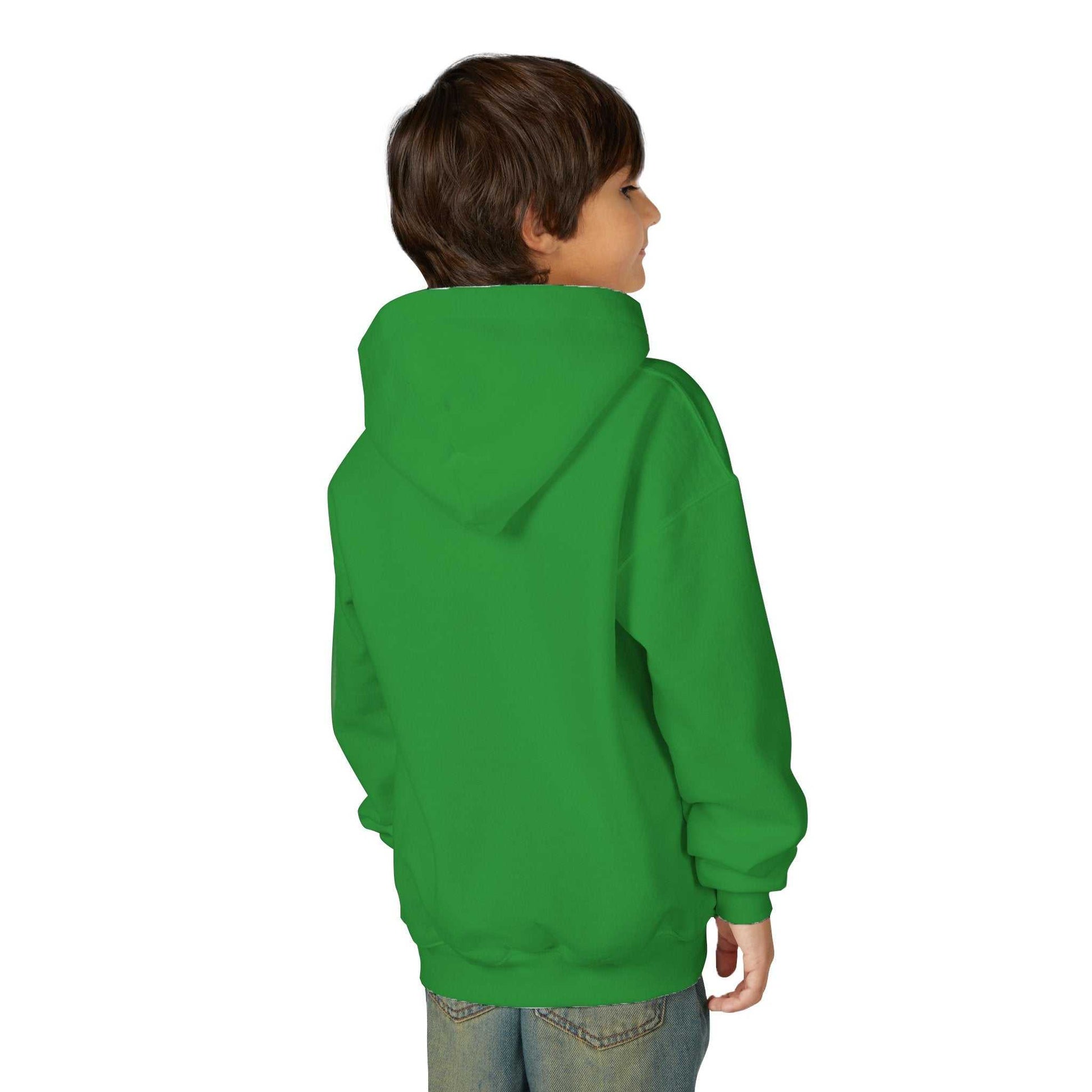 Child wearing green Tom Yeti Vitales Pizza youth heavy blend hoodie back view