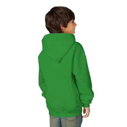 Child wearing green Tom Yeti Vitales Pizza youth heavy blend hoodie back view