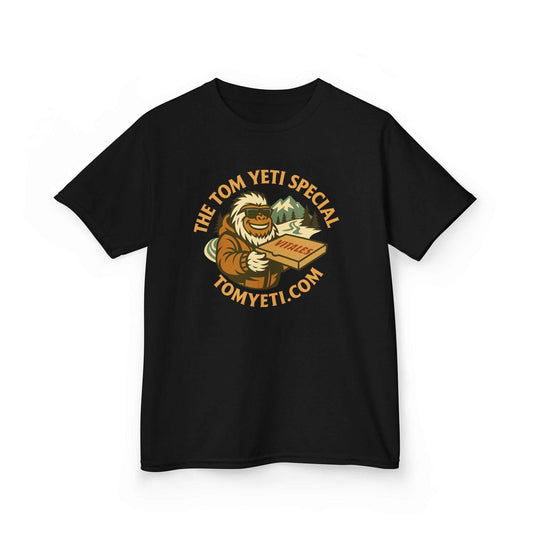 Black Tom Yeti Official Vitales kids heavy cotton tee with graphic of a yeti holding a pizza box and text logo