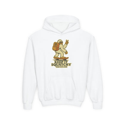 White Tom Yeti Hoodie for youth with kangaroo pocket and playful "Keep it Squatchy" design