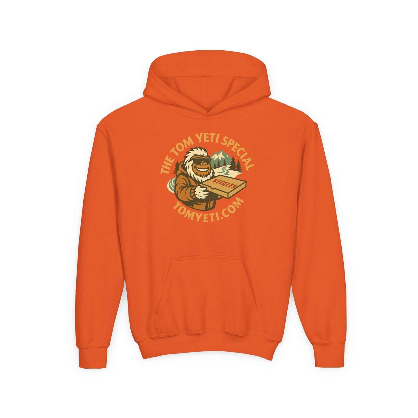 orange Tom Yeti youth hoodie with pizza graphic and kangaroo pocket