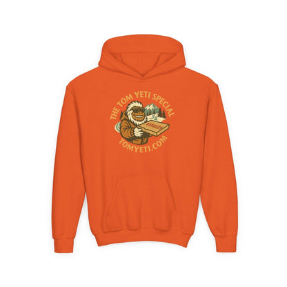 orange Tom Yeti youth hoodie with pizza graphic and kangaroo pocket