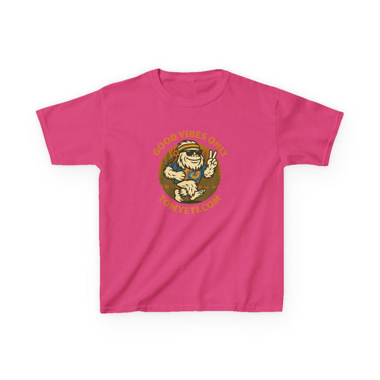 Tom Yeti Official Good Vibes Only Kids pink cotton tee with positive message and playful yeti graphic