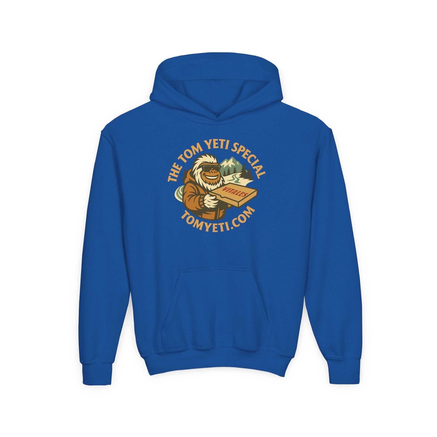 Blue Tom Yeti youth hoodie with pizza graphic and kangaroo pocket