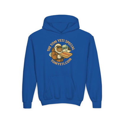 Blue Tom Yeti youth hoodie with pizza graphic and kangaroo pocket