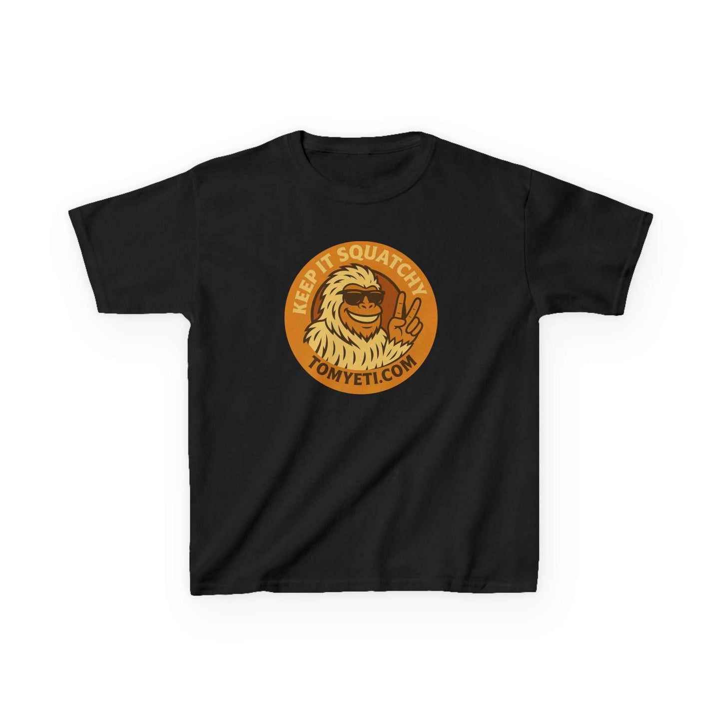 Black kids cotton t-shirt with Tom Yeti official logo and "Keep it Squatchy" text design