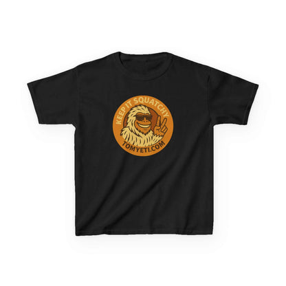 Black kids cotton t-shirt with Tom Yeti official logo and "Keep it Squatchy" text design