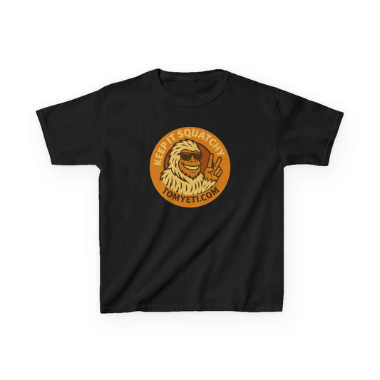 Black kids cotton t-shirt with Tom Yeti official logo and "Keep it Squatchy" text design
