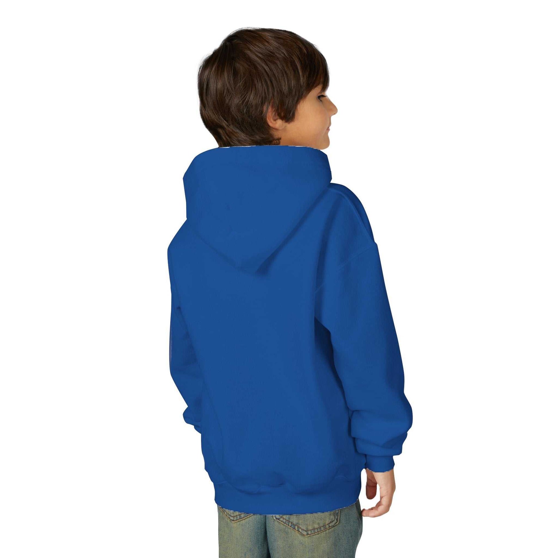 Child wearing blue Tom Yeti Official Vitales Pizza Youth Heavy Blend Hoodie facing away