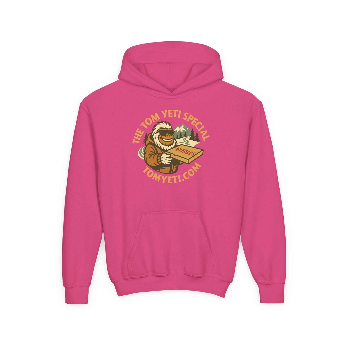 Tom Yeti Official Vitales Pizza youth heavy blend hoodie in pink with kangaroo pocket and pizza graphic design