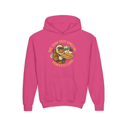 Tom Yeti Official Vitales Pizza youth heavy blend hoodie in pink with kangaroo pocket and pizza graphic design