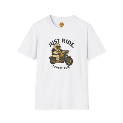 Tom Yeti Official Just Ride T-Shirt with motorcycle graphic on white cotton shirt