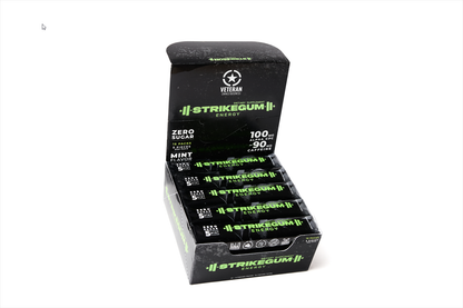 Tray of Strike Premium Energy Gum with 90mg caffeine, vegan, gluten-free, and sugar-free energy gum packs