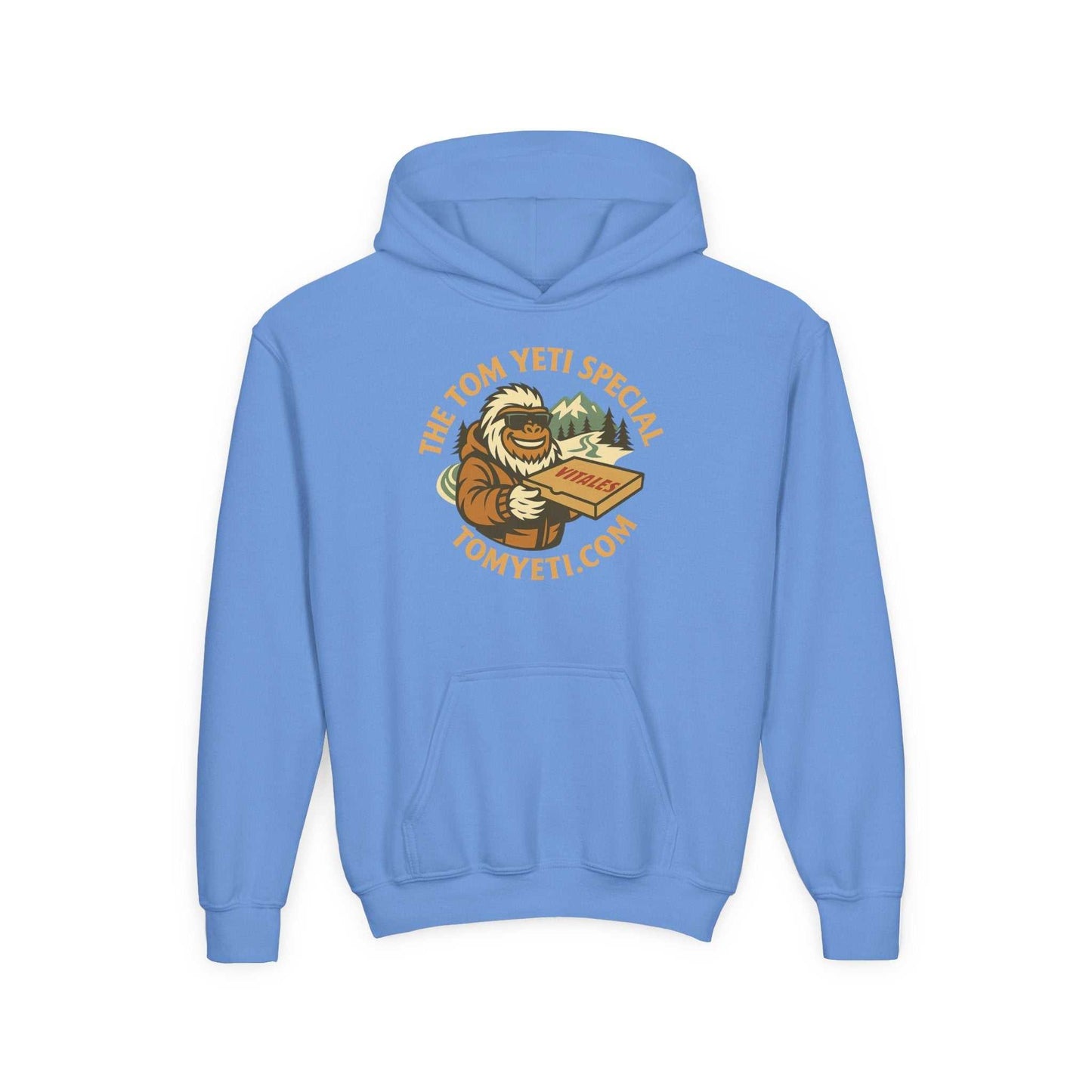 Blue Tom Yeti Vitales Pizza youth hoodie with kangaroo pocket and graphic design