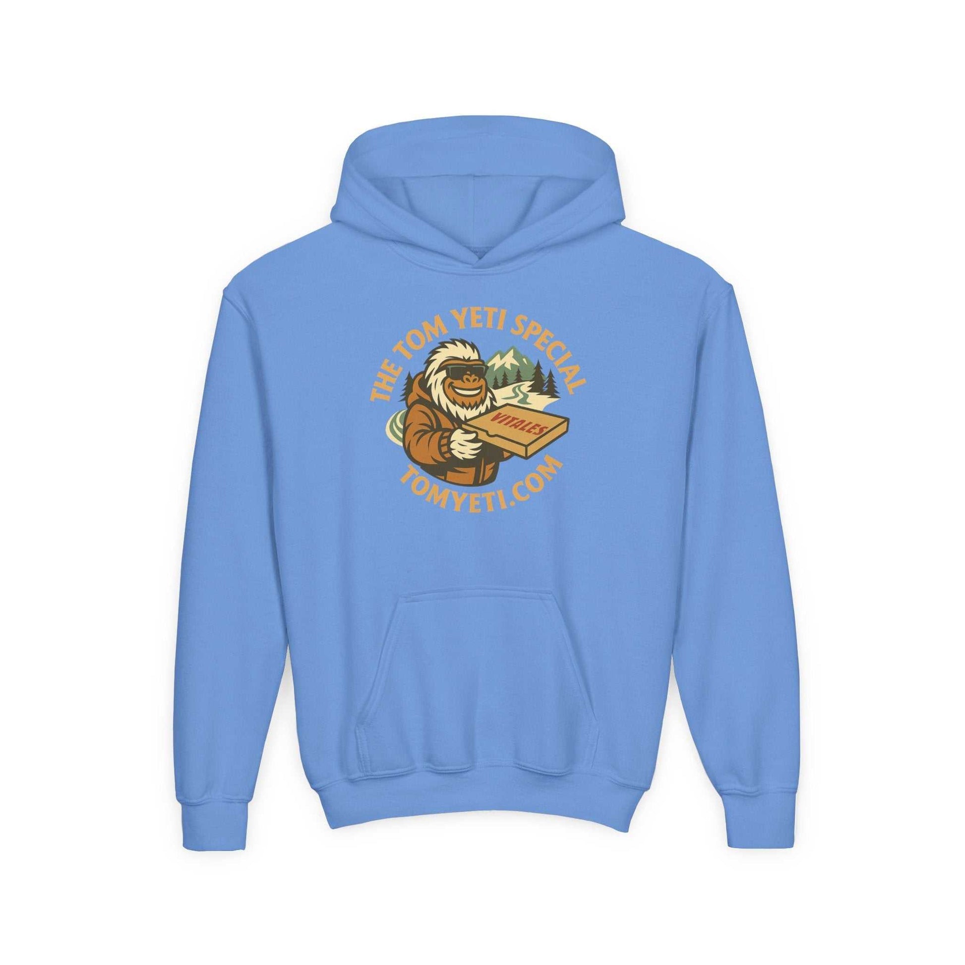 Blue Tom Yeti Vitales Pizza youth hoodie with kangaroo pocket and graphic design