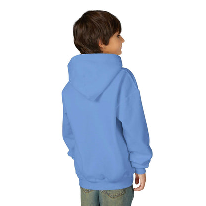 Tom Yeti youth heavy blend hoodie in blue with hood, worn by child from back