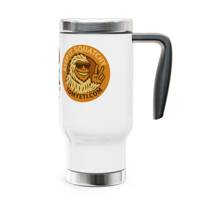 Tom Yeti 14oz travel mug with insulation and spill-resistant cap, white enamel finish, and squatchy design logo