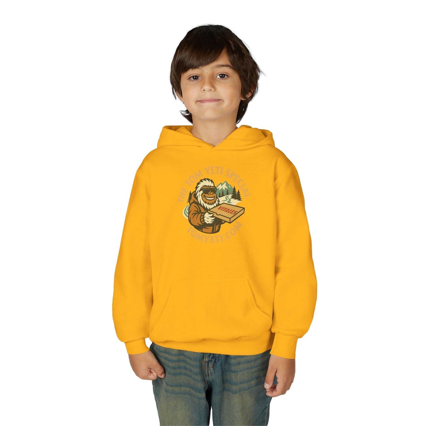 child wearing yellow Tom Yeti Official Vitales Pizza youth hoodie with kangaroo pocket and graphic print