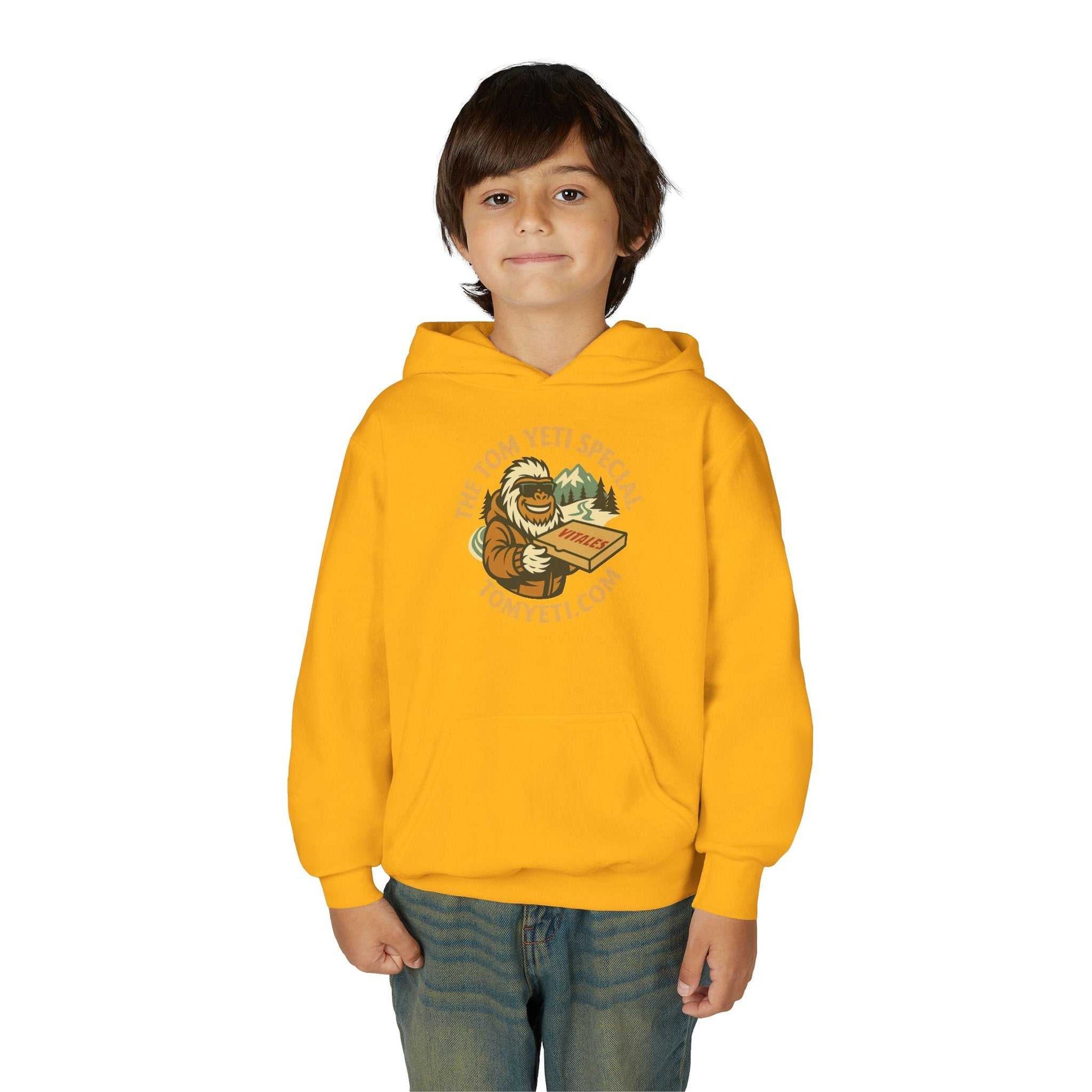 child wearing yellow Tom Yeti Official Vitales Pizza youth hoodie with kangaroo pocket and graphic print