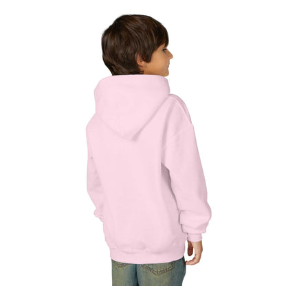 Child wearing light pink Tom Yeti Official Vitales Pizza Youth Heavy Blend Hoodie from back