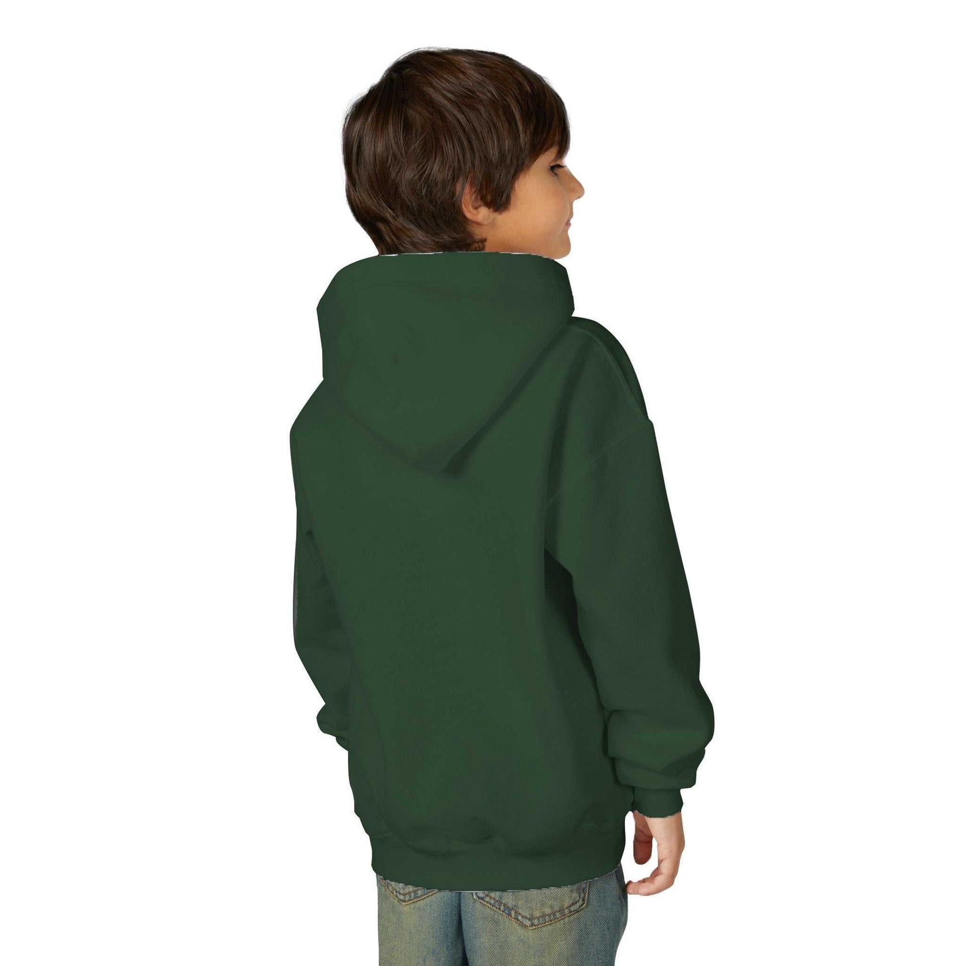 Tom Yeti youth heavy blend hoodie in green with spacious kangaroo pocket and hood worn by child from back view