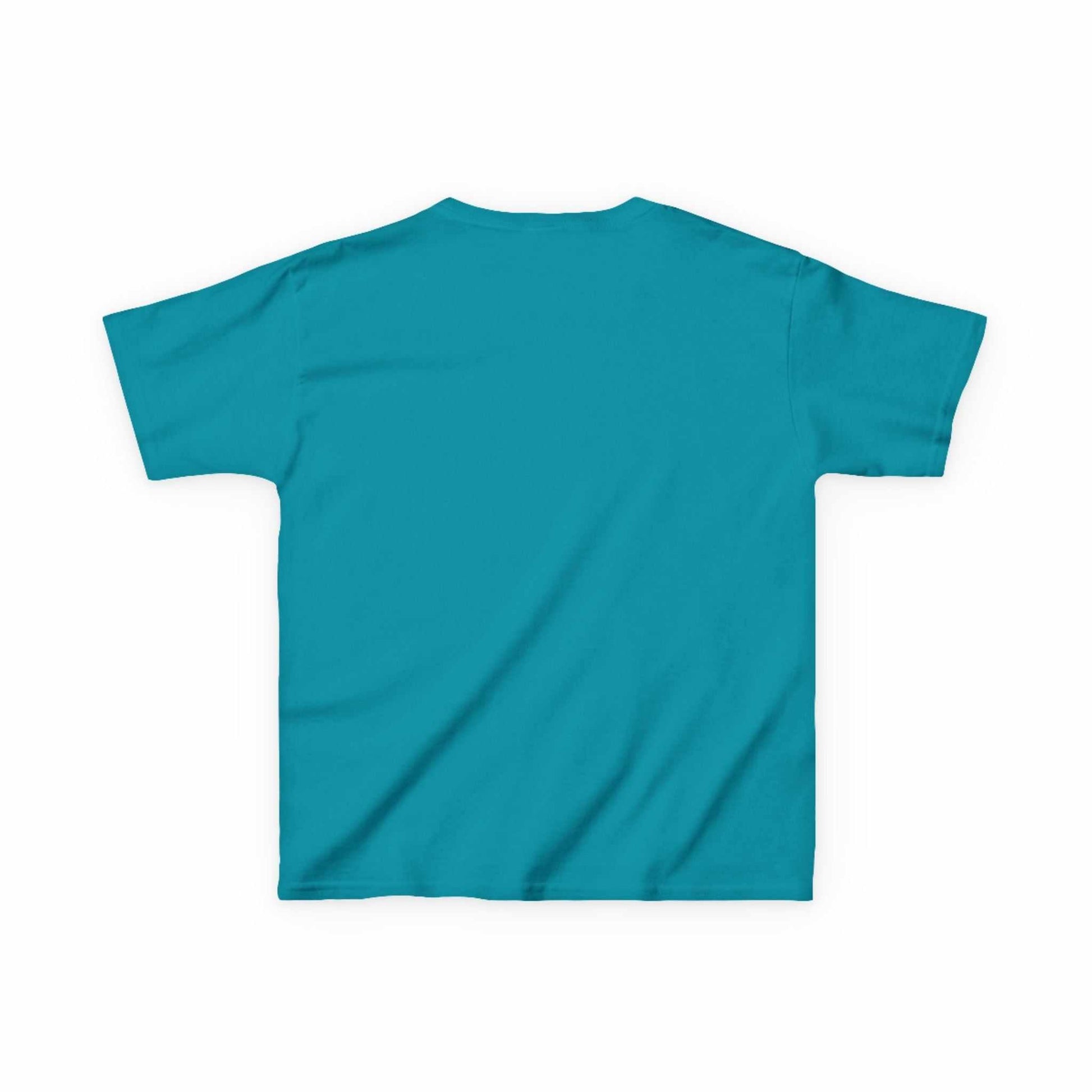 Tom Yeti Official Vitales kids heavy cotton teal t-shirt back view with durable twill tape shoulders and curl-resistant collar